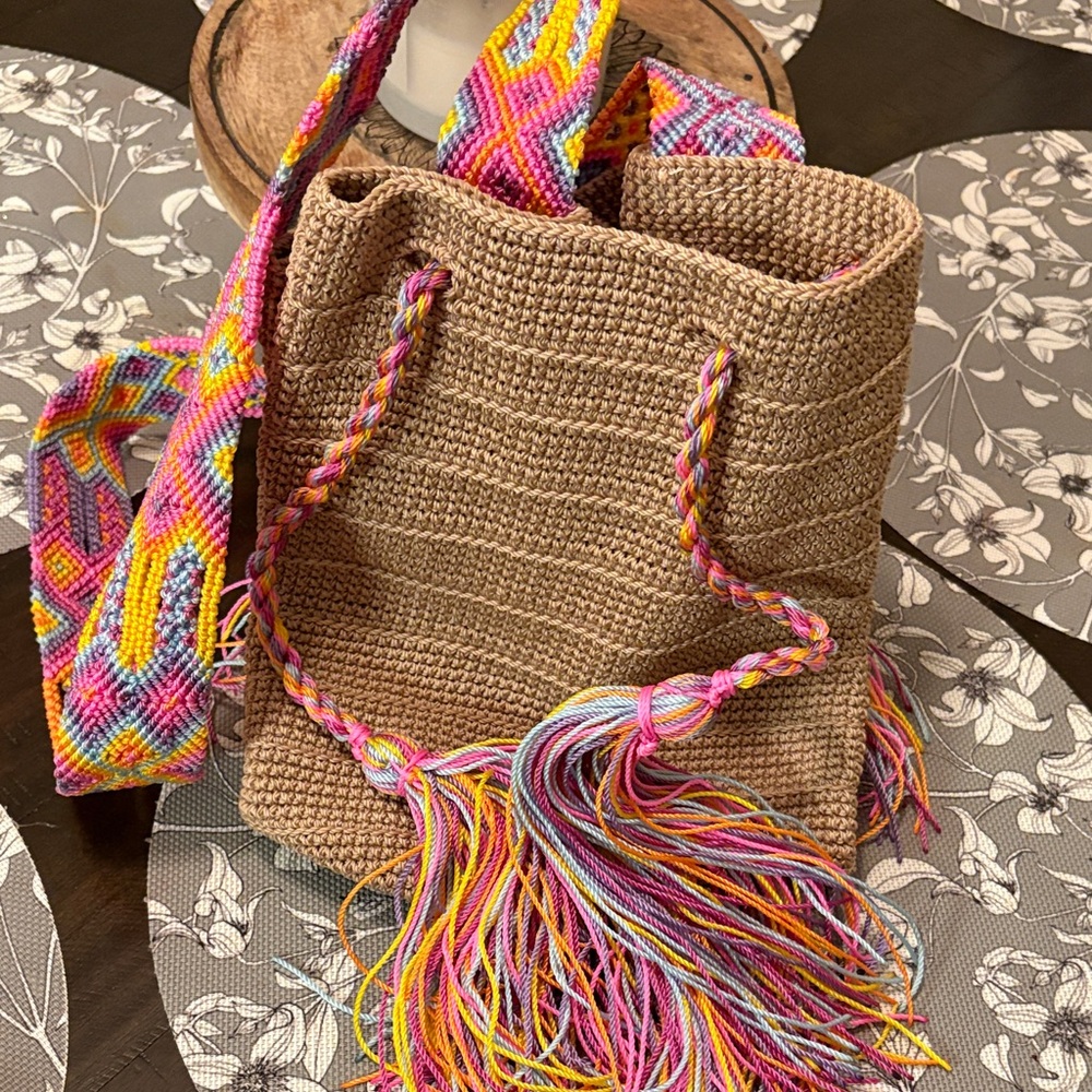 Handcrafted Tan Woven Bag with Multicolor Strap